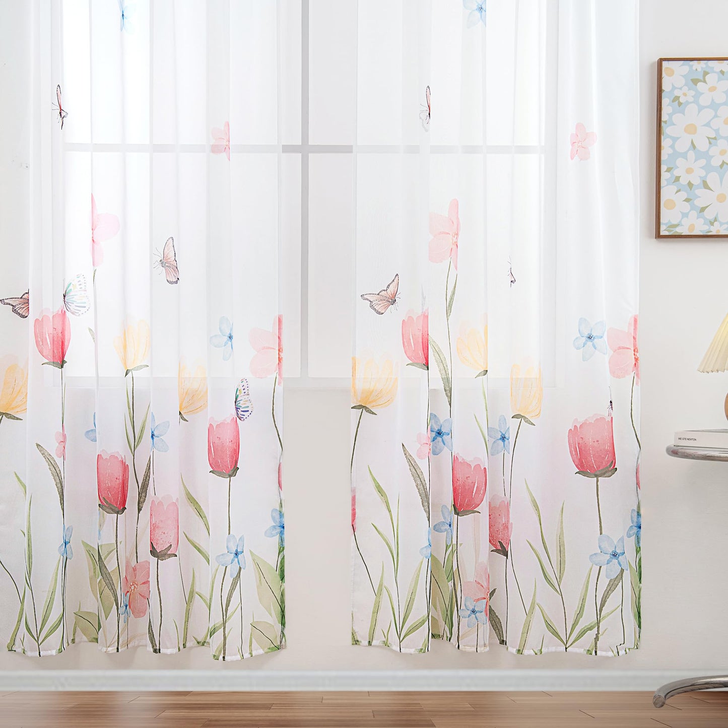 youleyar Floral Sheer Curtains for Living Room 63 Inches Long 2 Panels White Semi-Sheer Curtain with Flower/Butterfly Printed Pattern Summer/Spring Rod Pocket Voile Drapes for Bedroom, W52 x L63