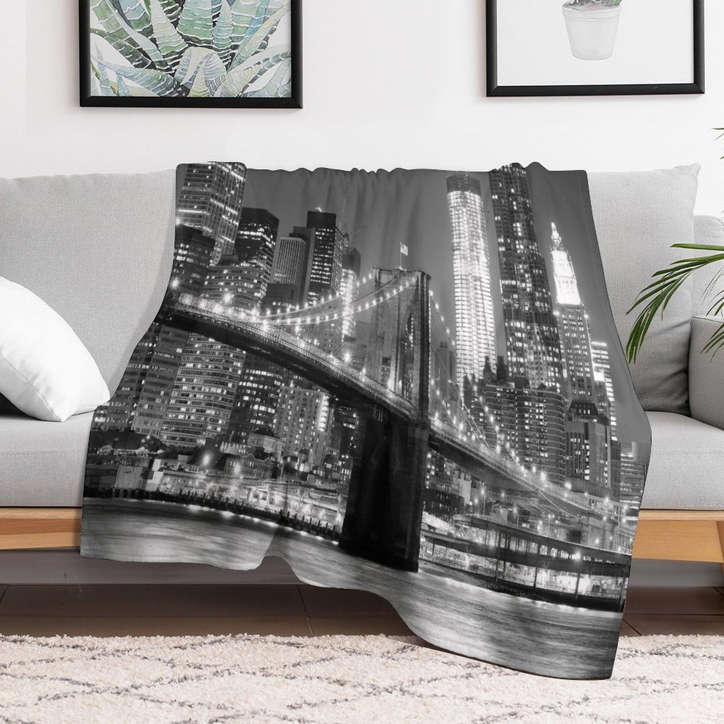 Cityscape Throw Blanket,New York Night View Brooklyn Bridge Skyscraper Pattern Soft Cozy Warm Flannel Blankets for Sofa Couch Bed Gifts for Lover Kids Boys Grils Women Adults 30x40 Inch