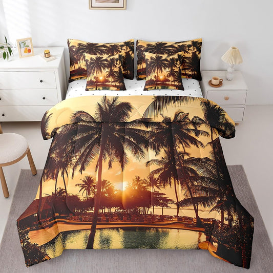 jejeloiu Palm Tree Comforter Set 7 Pieces Full Size Kids Palm Leaf Bed in a Bag for Boys Girls Hawaiian Tropical Island Bedding Set Summer,Comforter + Sheets + Pillowcases + Cushion Covers