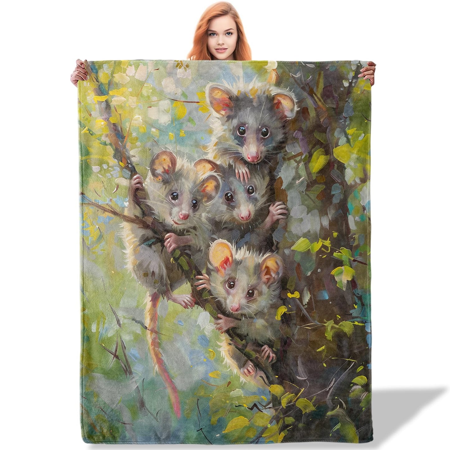Plistiz Cute Possum Family Throw Blanket for Women Girls Boys, Soft Flannel Blankets Gifts for Living Room Couch, Home, Sofa Decor, 50"x60"