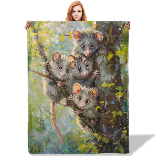 Plistiz Cute Possum Family Throw Blanket for Women Girls Boys, Soft Flannel Blankets Gifts for Living Room Couch, Home, Sofa Decor, 50"x60"