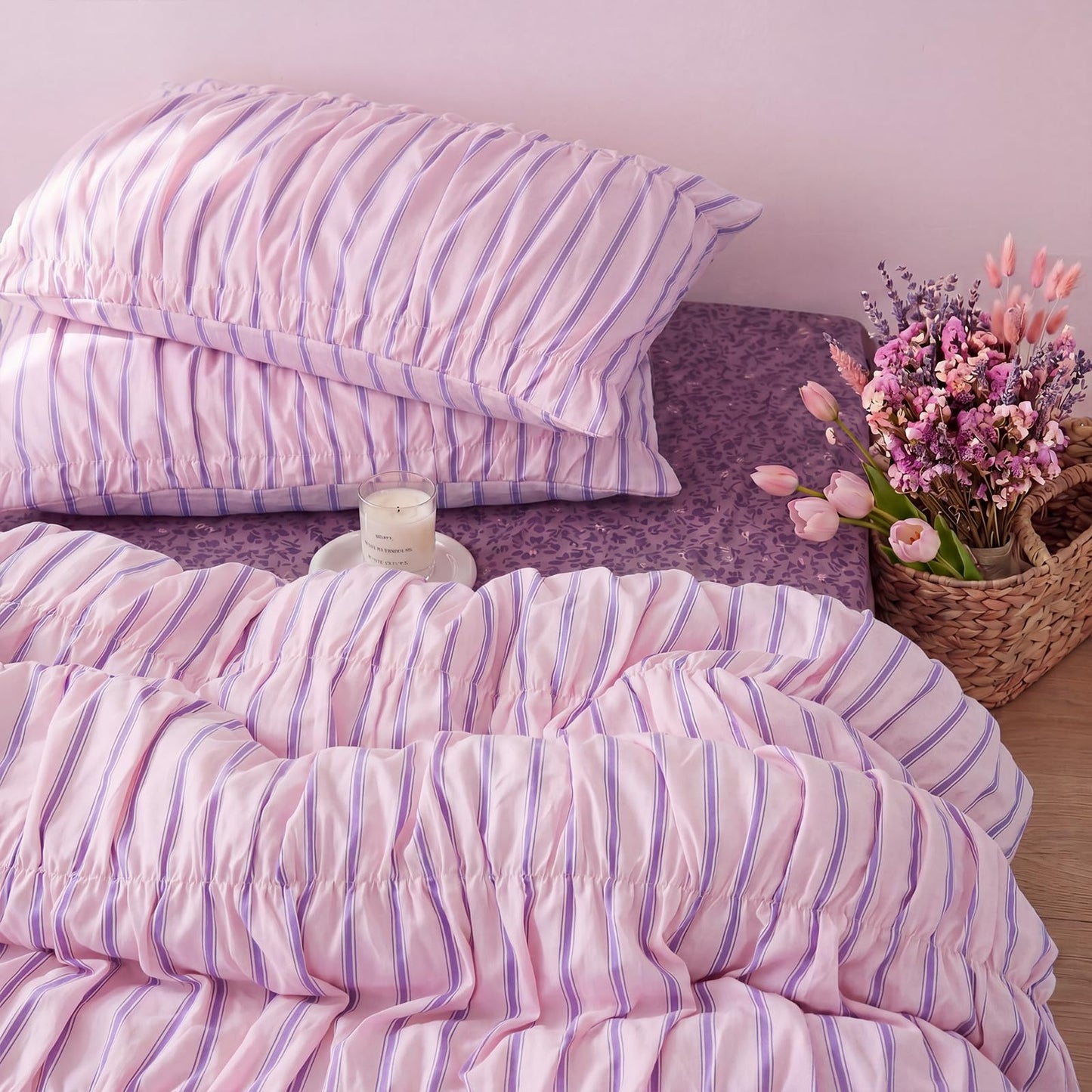 Merryword Pink Ruched Duvet Cover Set Queen Size 100% Cotton Bedding Set Pink and Purple Striped Aesthetic Duvet Cover with Zipper Closure and 8 Corner Ties