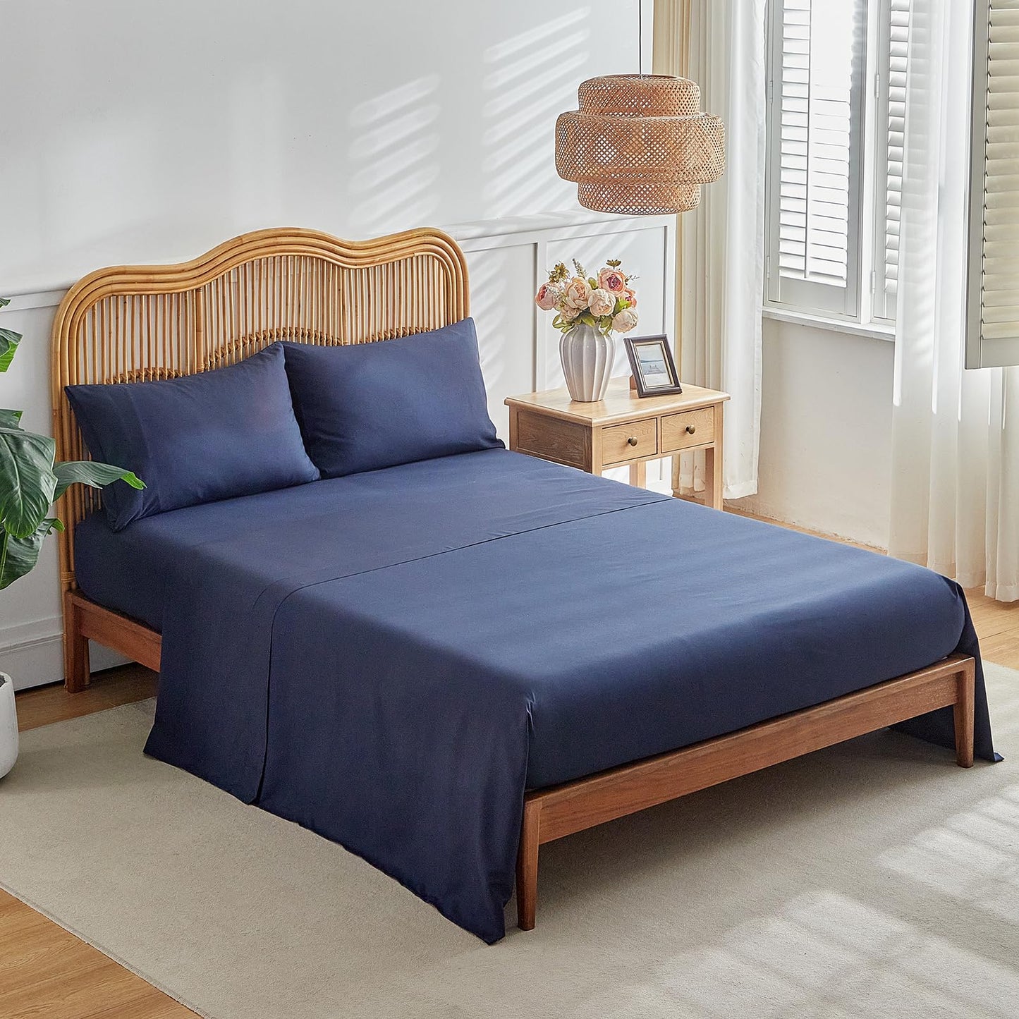 Boho Comforter Sheet Set Bohemian Bed in a Bag Queen Size Bedding Set, Navy Blue Orange Paisley Microfiber 7pc Bedding Set (1 Comforter 2 Pillow Shams 1 Pink Flat Sheet 1 Fitted Sheet 2 Pillowcases)
