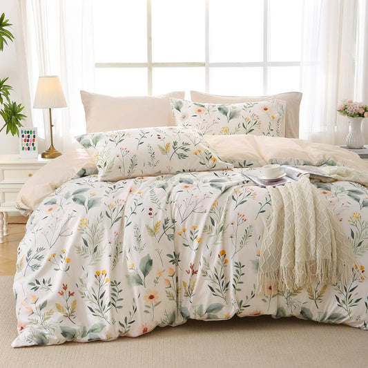 MUXHOMO Duvet Cover Queen Size, Reversible Floral Vintage Duvet Cover Set with Zipper Closure, 3 Pieces Botanical Patterns Soft Microfiber Bedding Set (90"x90", 2 Pillow Cases, Garden Leaves Beige)