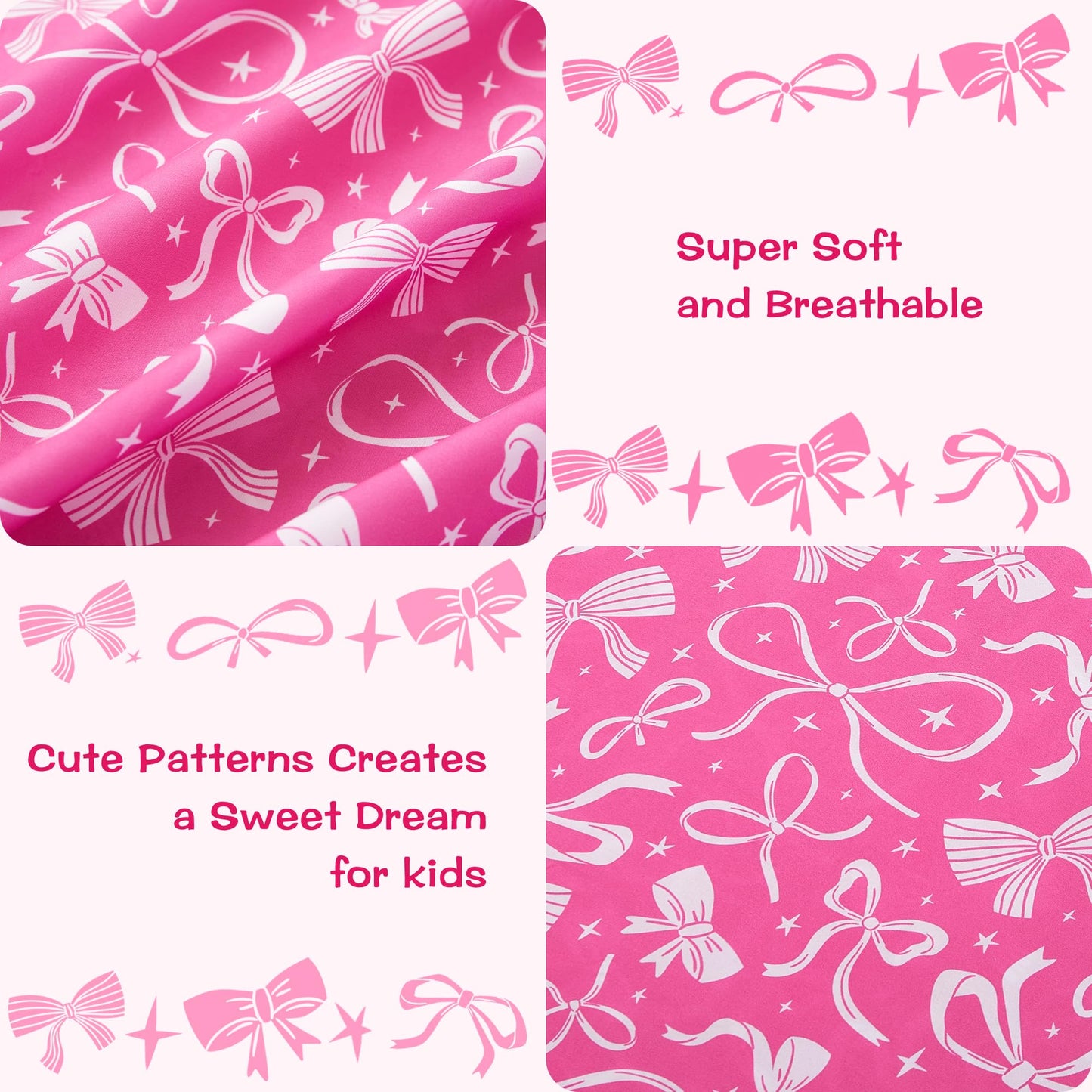 lasoftan Kids Sheet Set Twin Size, Twin Sheet Set with Pink Bow Pattern，Breathable Silky Soft Microfiber Kids Fitted Sheet
