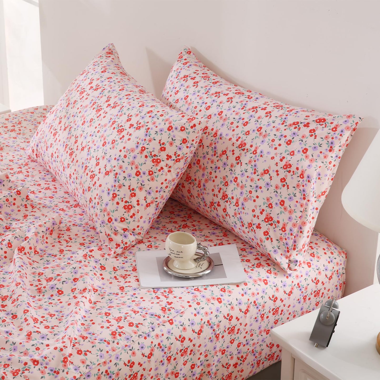 Yibeizi Pink Floral Sheets King Purple Flower Pattern Bed Sheet Set Coquette Vintage Bedding Sheets & Pillowcases Soft Microfiber 15" Extra Deep Pocket Fitted Bedsheet 4 Piece