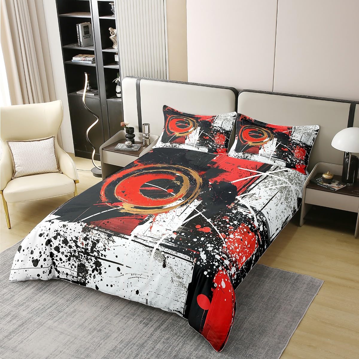 jejeloiu Agate Red Circle Duvet Cover 100% Cotton King Size Kids Abstract Geometric Comforter Cover for Boys Girls Teens Modern Art Bedding Set Breathable Soft Room Decor