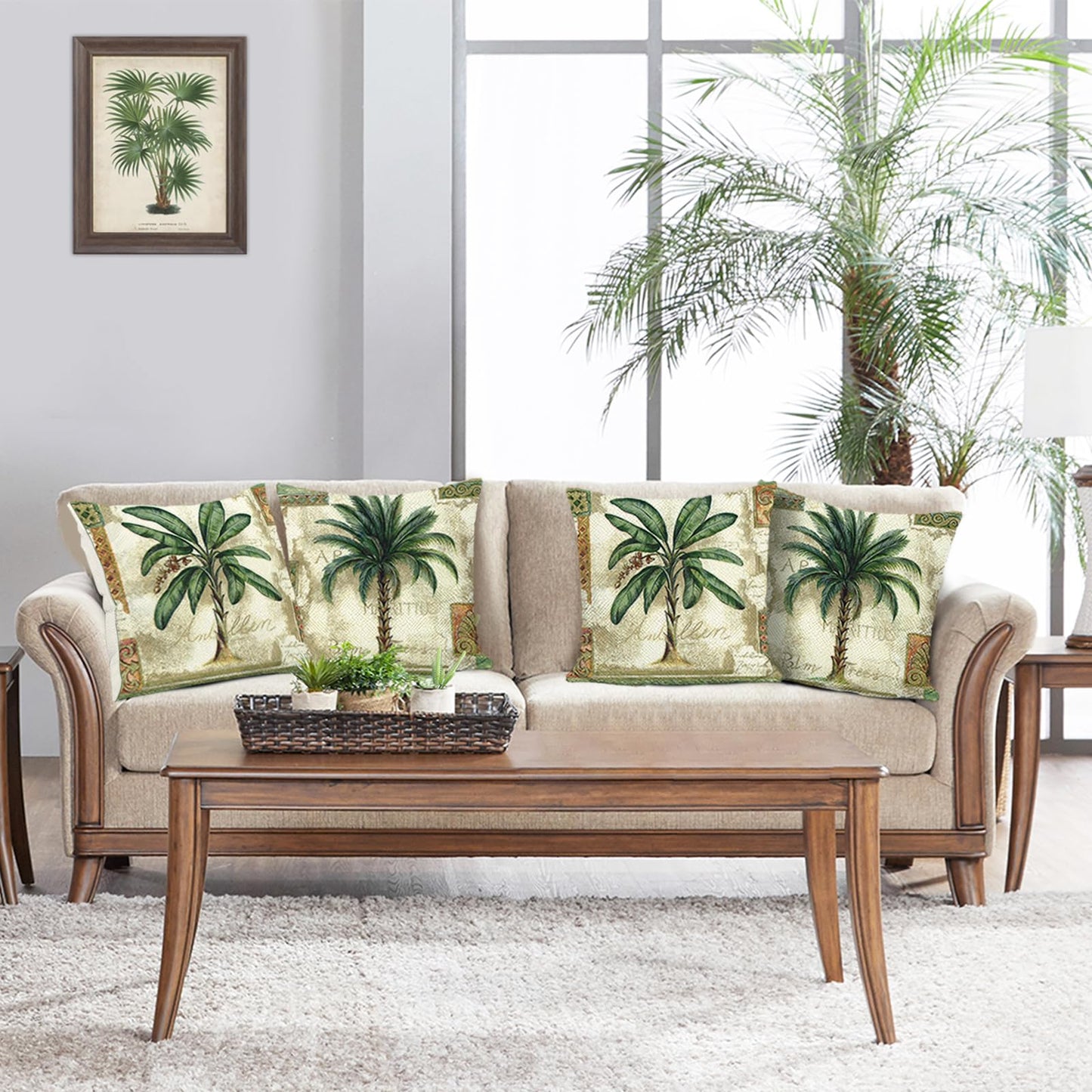 Bonhause Tropical Palm Tree Throw Pillow Covers 18 x 18 Inch Summer Outdoor Green Leaves Decorative Pillow Cases, Cushion Covers for Patio Couch Sofa Home Decor Set of 4