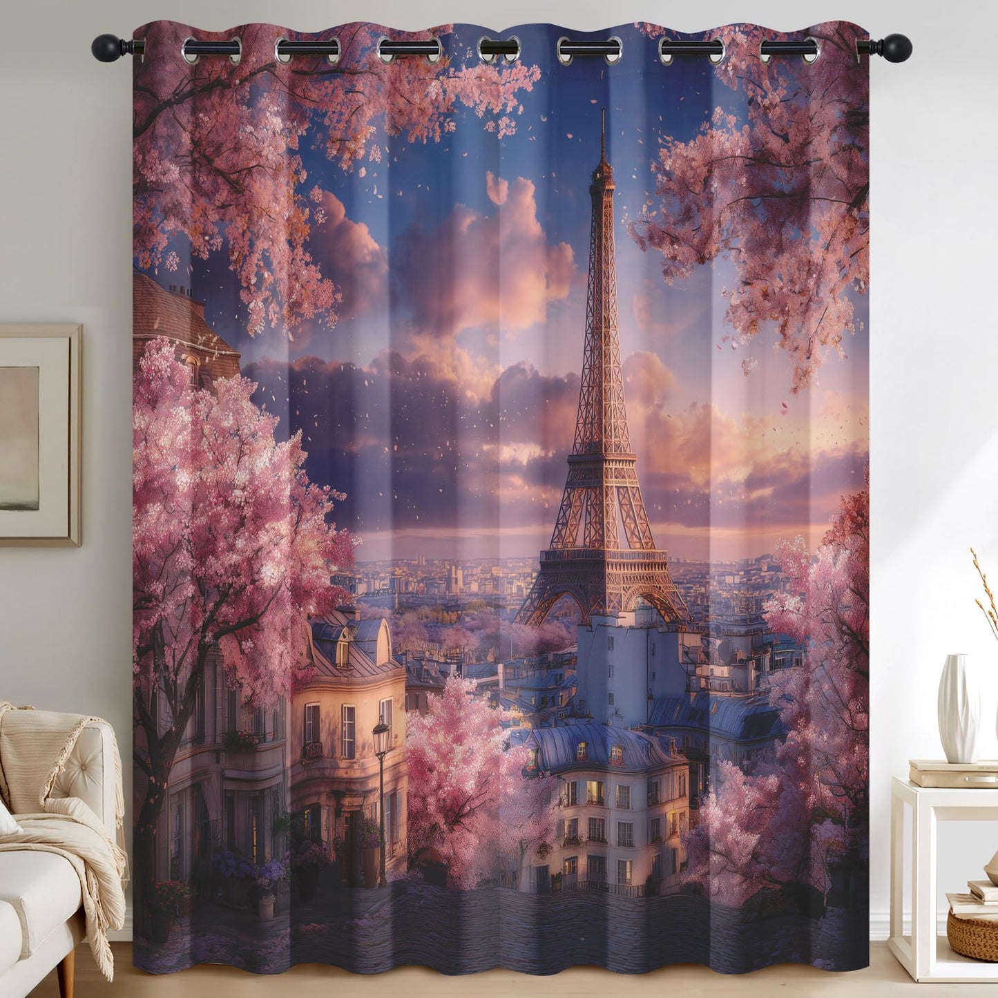Paris Eiffel Tower Curtains for Bedroom, Sunset Scenery Blackout Curtains Living Room Decor, Paris Thermal Insulated Grommet Drapes & Home Decor, 42 x 84 Inch 2 Panels K-X53