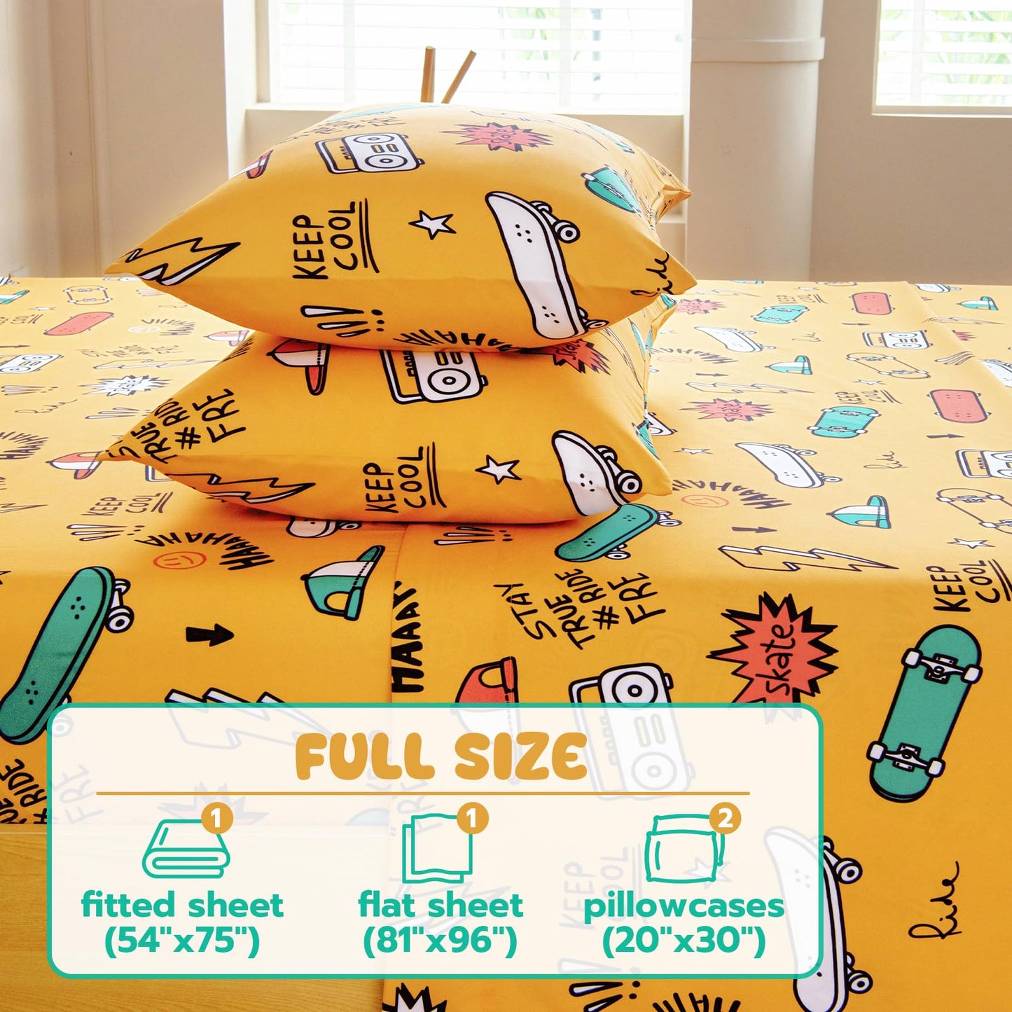 Homilay Full Sheet Set Kids - Skating 4 Pieces Soft Microfiber Cartoon Style Bedsheets for Boys Girls Teens, Oeko TEX Breathable 15 Inch Deep Pocket Sheets(Street)