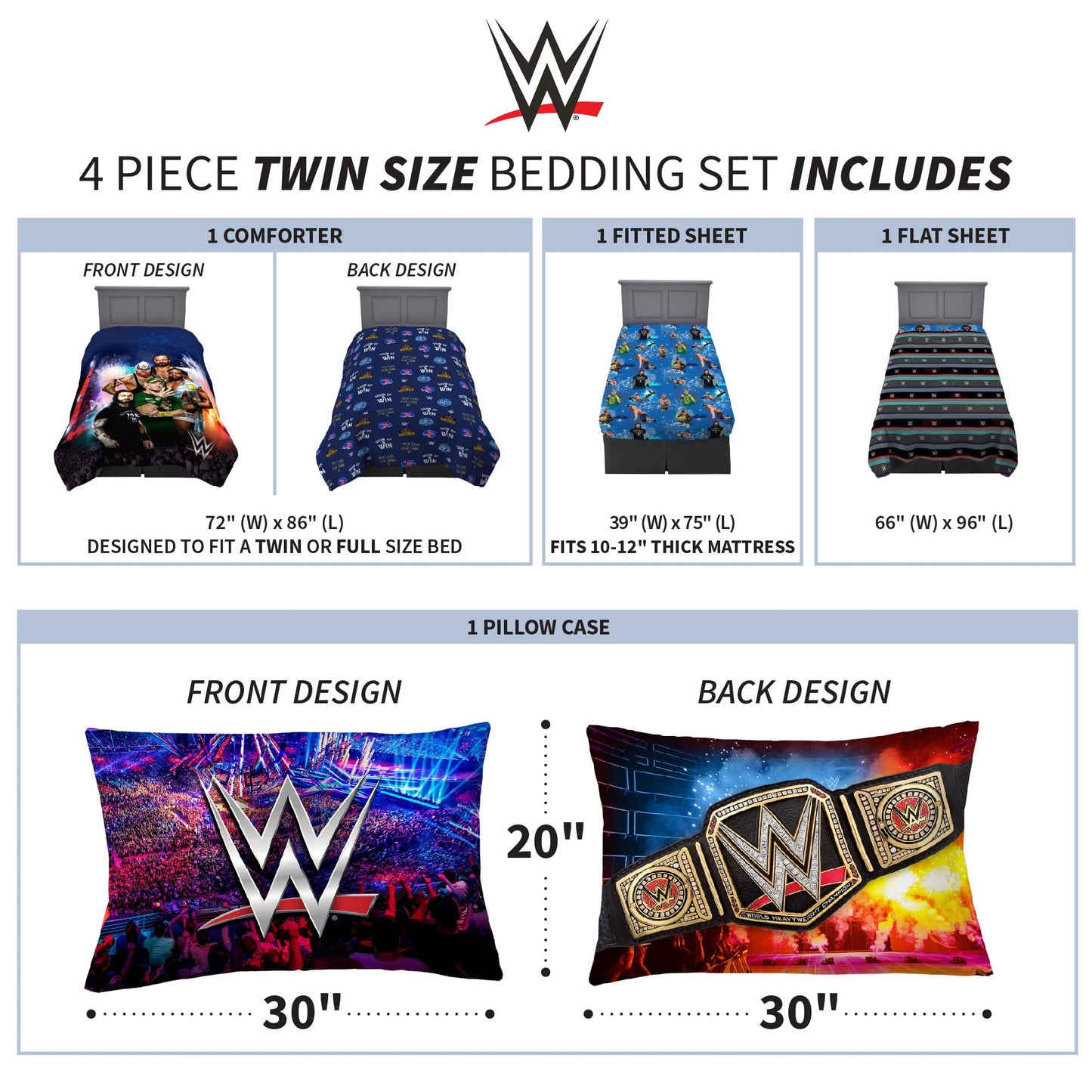 WWE Wrestlemania Kids Bedding Set, Super Soft Microfiber Comforter & Sheet Set, 4-Piece Twin, (Officially Licensed Product) by Franco