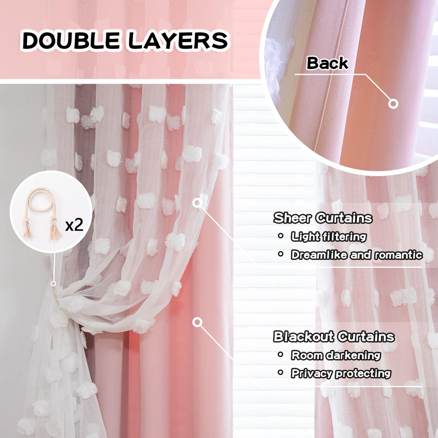MYSKY HOME Pink Curtains for Girls Bedroom 84 Inches Long Blackout Nursery Curtains Double Layer Pom Pom Sheer Overlay Kids Toddler Room Decor Grommet Privacy Room Darkening Window Drapes 52 x 84 Inch