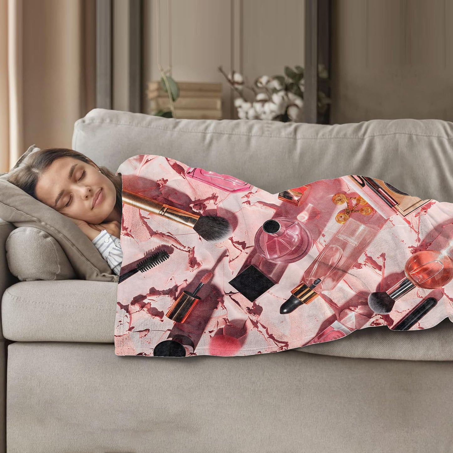 Plistiz Makeup Essentials Throw Blanket 50x60, Chic Beauty Products Design Blankets for Bedroom Decor, Soft Flannel Glamorous Gifts for Makeup Lovers and Women