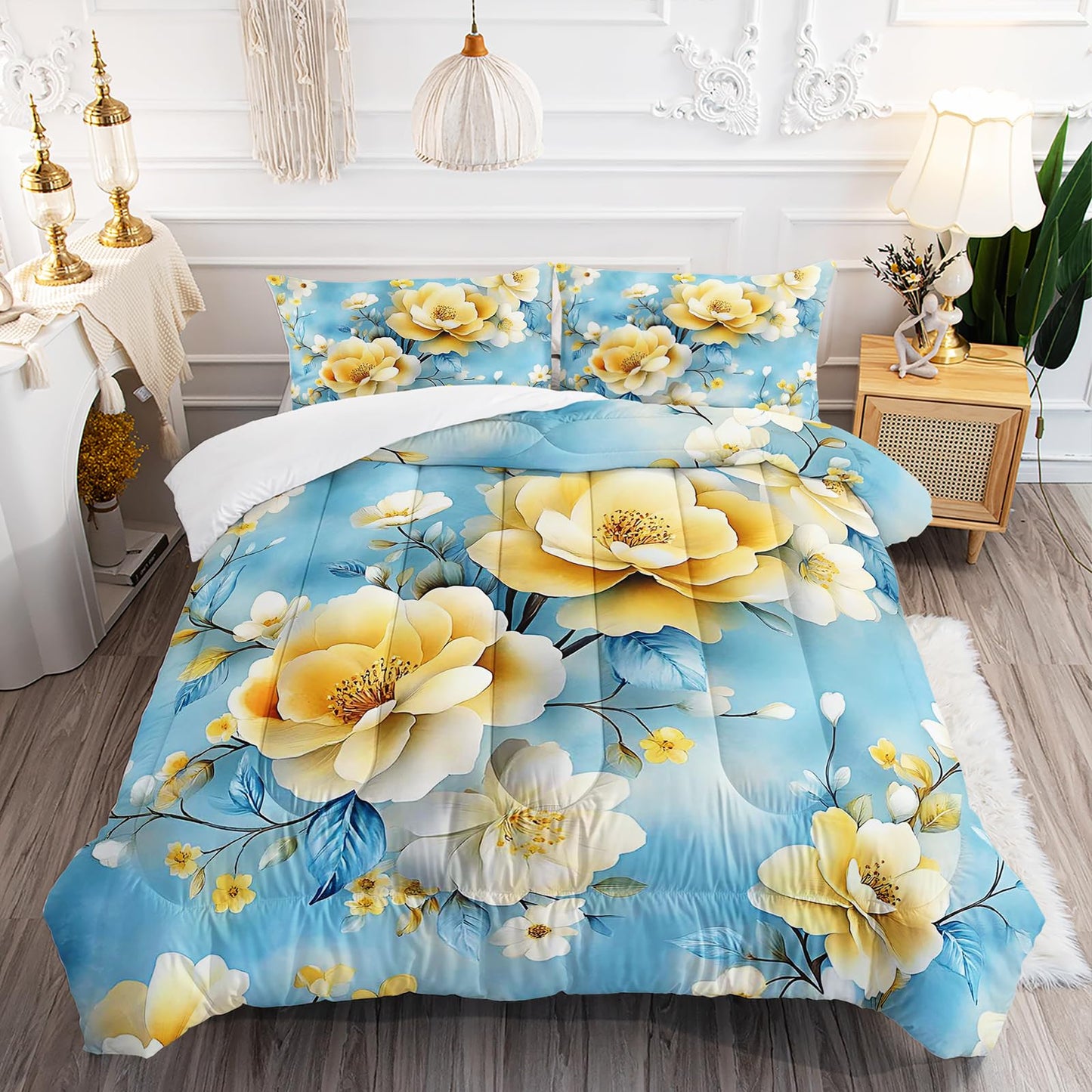 AILONEN Twin Comforter Set 3 Piece, Golden Blossom Bedding with 2 Pillowcases, Blue Floral Cover for Kids Dorm Room
