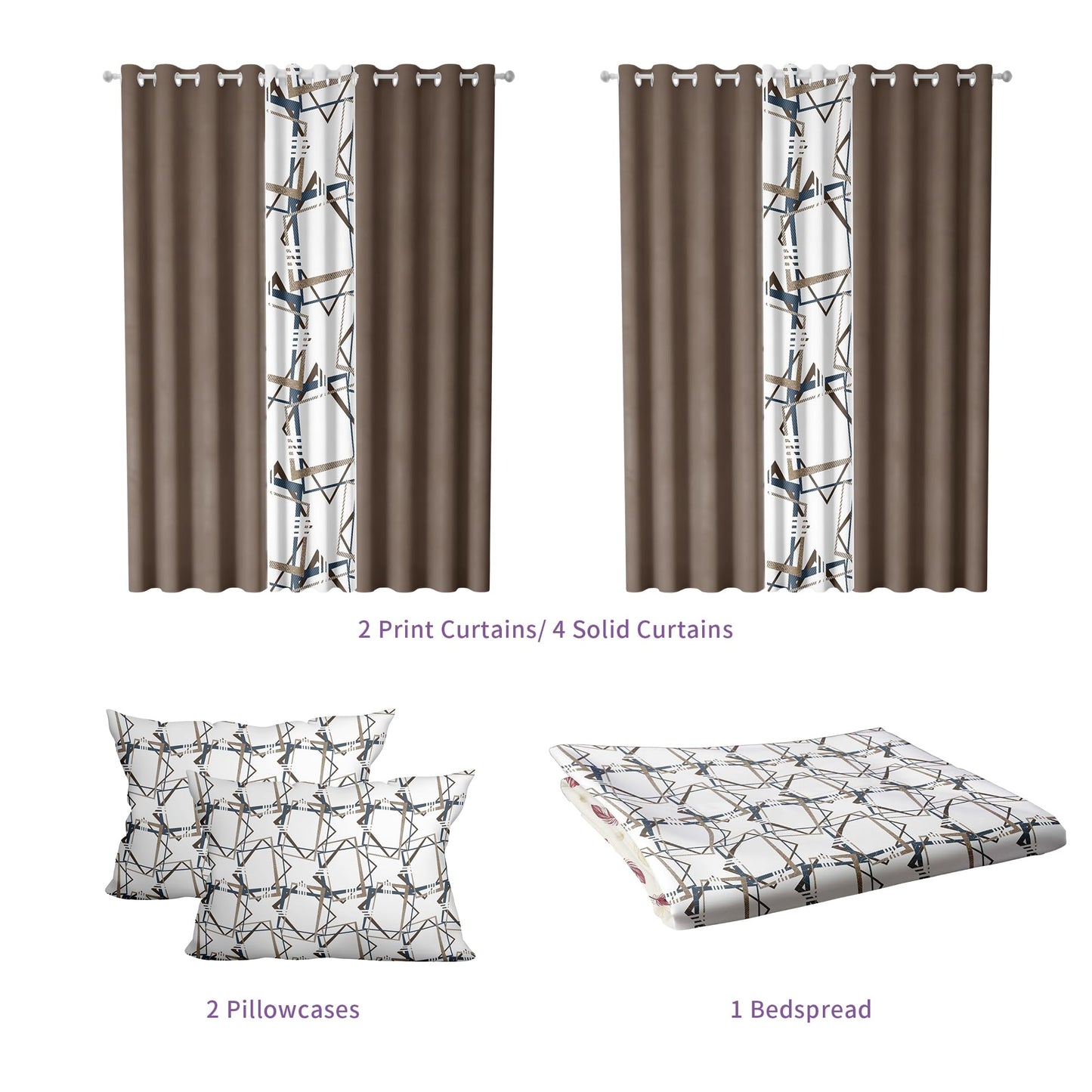 Deepsleep King Bedspread Set 9 Pieces, All Season Luxury Bed in a Bag for Bedroom, with 2 Pillowcases and 6 Curtains, Ultra-Soft Microfiber for Complete Bedroom Decor, Geometric Lines