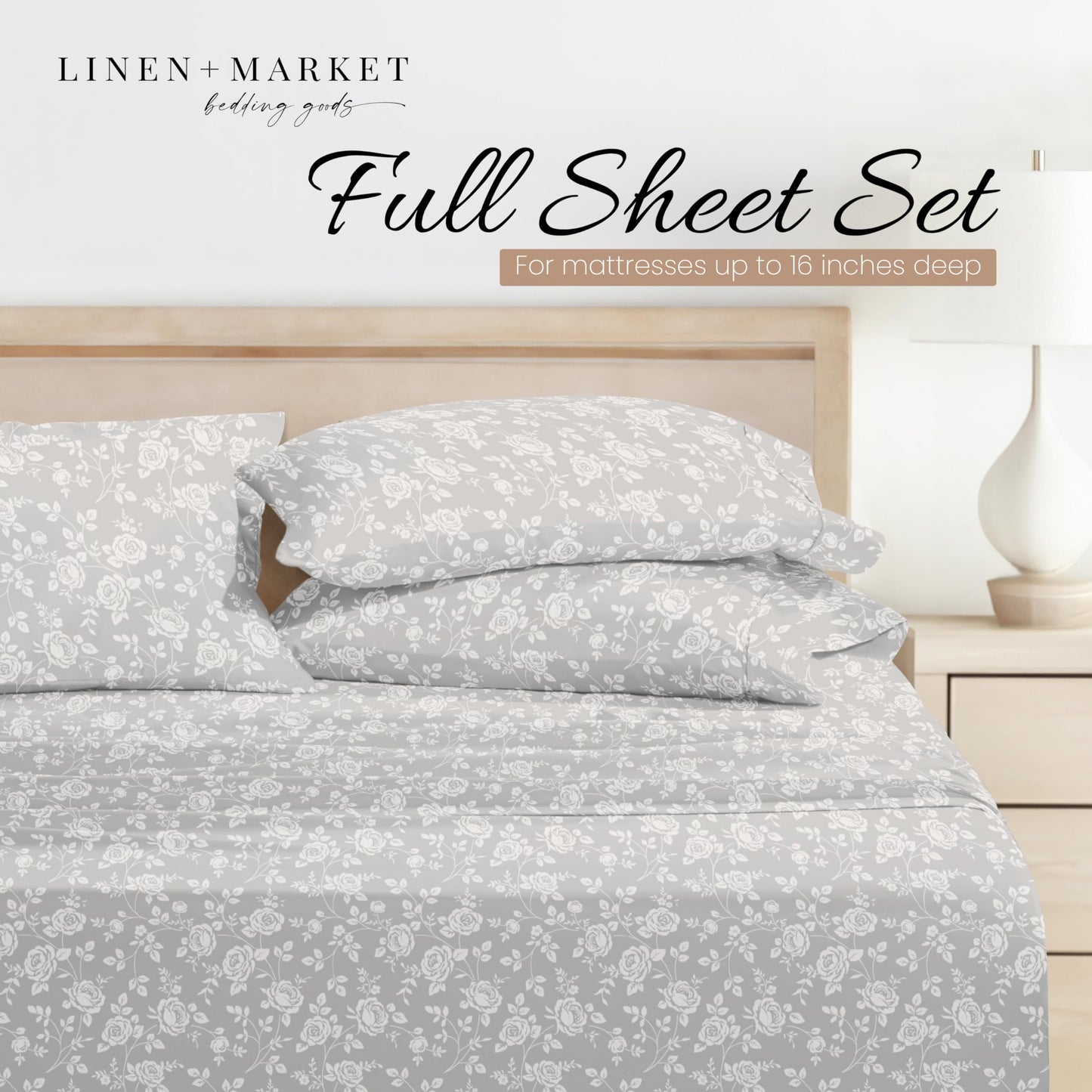Linen Market 4 Piece Full Bedding Sheet Set (Light Gray Roses) - Sleep Better Than Ever with These Ultra-Soft & Cooling Bed Sheets for Your Full Size Bed - Deep Pocket Fits 16" Mattress