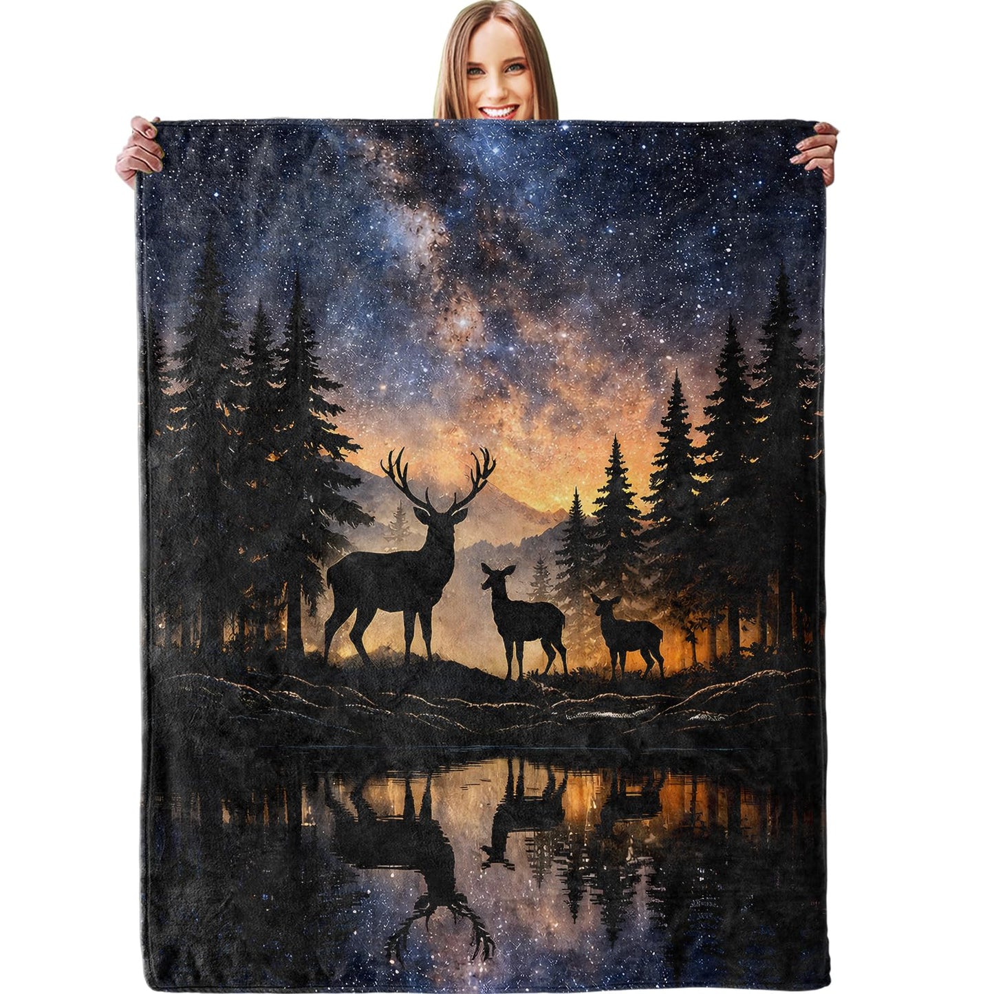 dhakalrlde Forest Deer Silhouette Galaxy Blanket, Soft Deer Family Starry Night Throw Blanket Gifts for Women Girls, Lightweight Warm Cozy 60×50 inch Animal Flannel for Couch, Travel, Bed, Decor