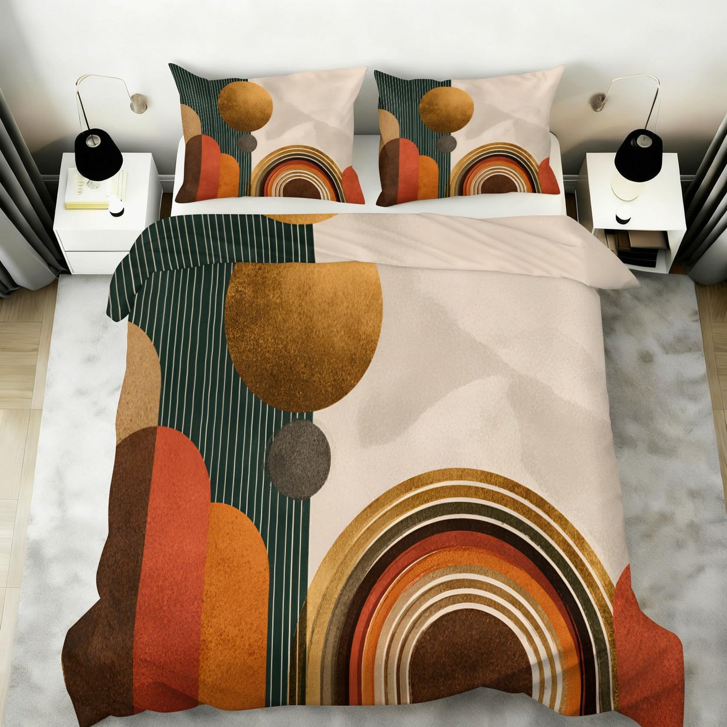 ZAOMIR Mid Century Modern Duvet Cover Twin Size, Boho Abstract Geometric Line Bedding Set 3 Piece, Sun Boho Geometric Patterned Comforter Cover with Zipper Soft Microfiber, 2 Pillowcases