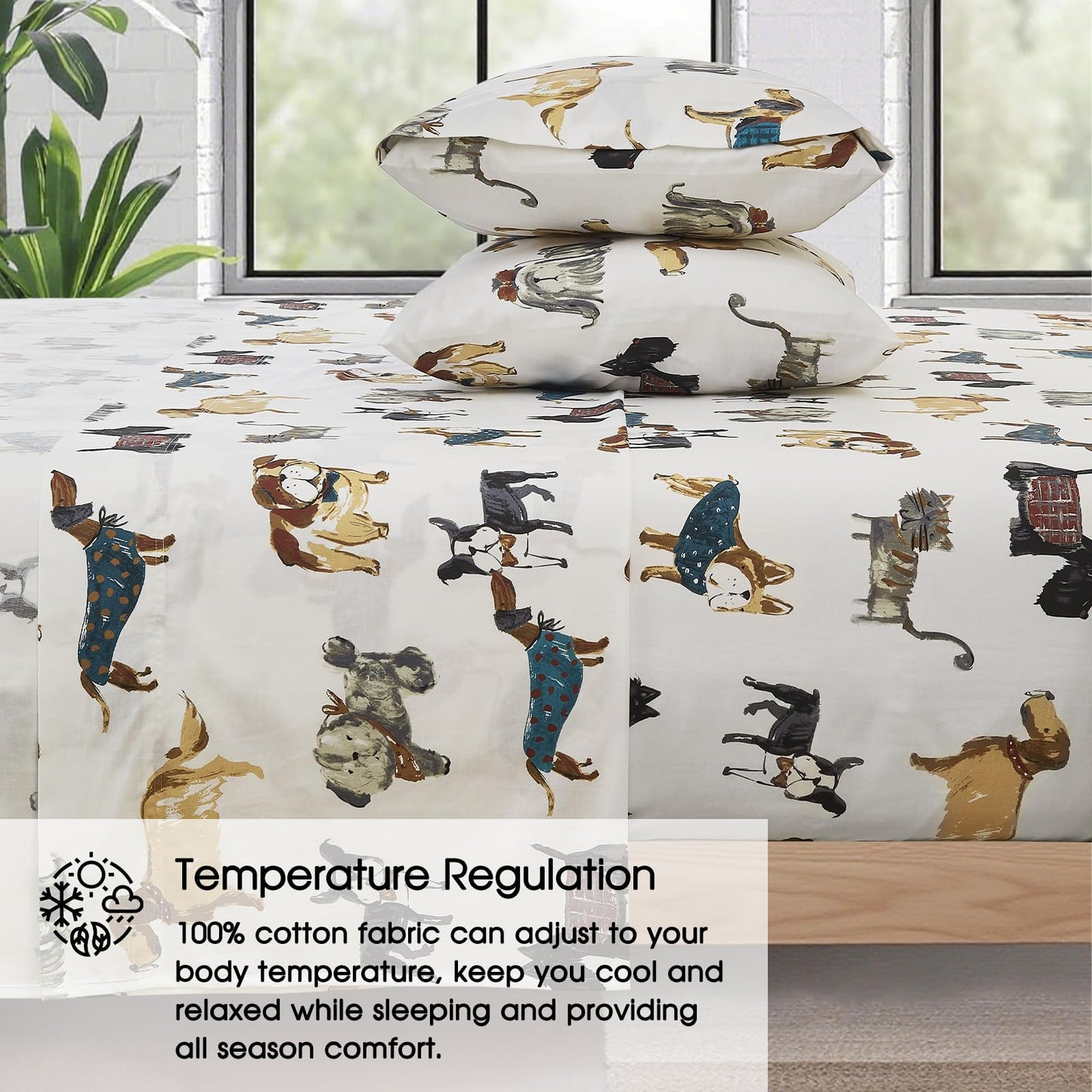 Ivellow Twin Sheets Set Kids 100% Natural Cotton Sheets Soft Breathable Lightweight Percale Bed Sheets 16" Deep Pocket Cartoon Dog Puppy Patterned Sheets Kids Twin Bedding Toddler Teen Dorm Essentials