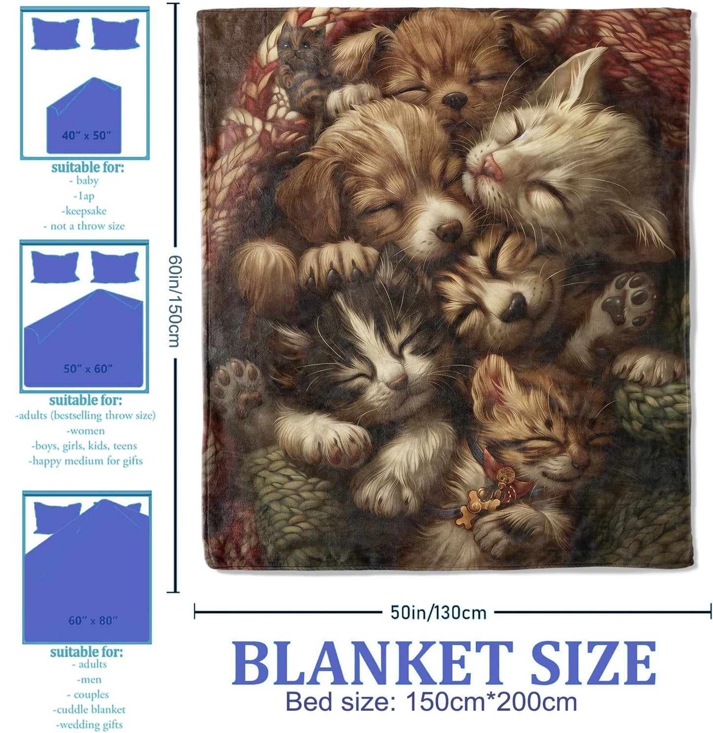 Plistiz Cute Dog and Cat Throw Blanket 50"x60", Sleepy Puppies and Kittens Theme Blankets for Living Room Couch, Home Decor, Soft Flannel Pet Gifts for Adults and Women