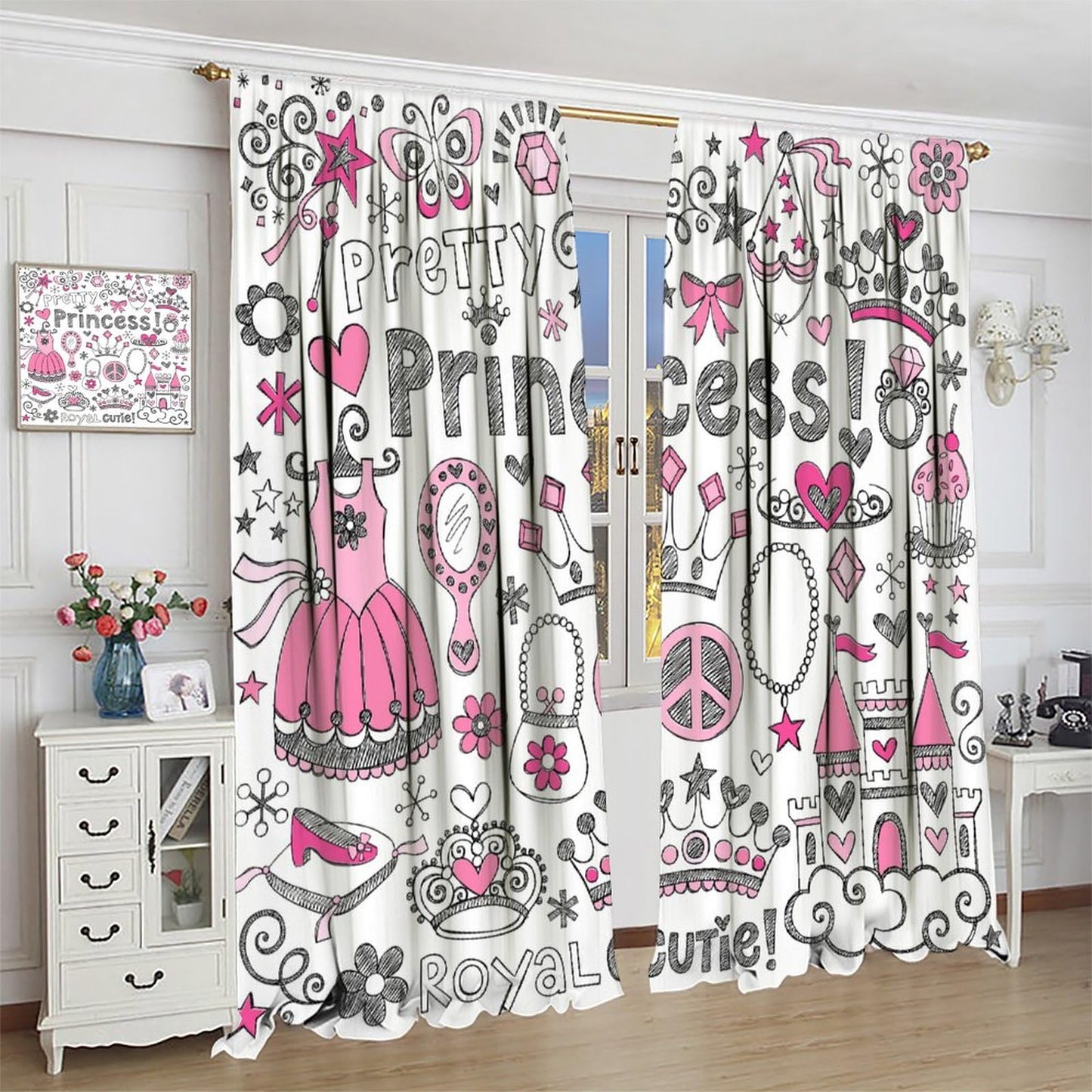 DDCBNS Cute Princess Curtains for Girls Bedroom,Cartoon Fairy-Tale Style Window Treatments for Kids Women Room Living Room Lovely Girl Decor Drapes 2 Panel Set,Total Size 42 x 45 Inch