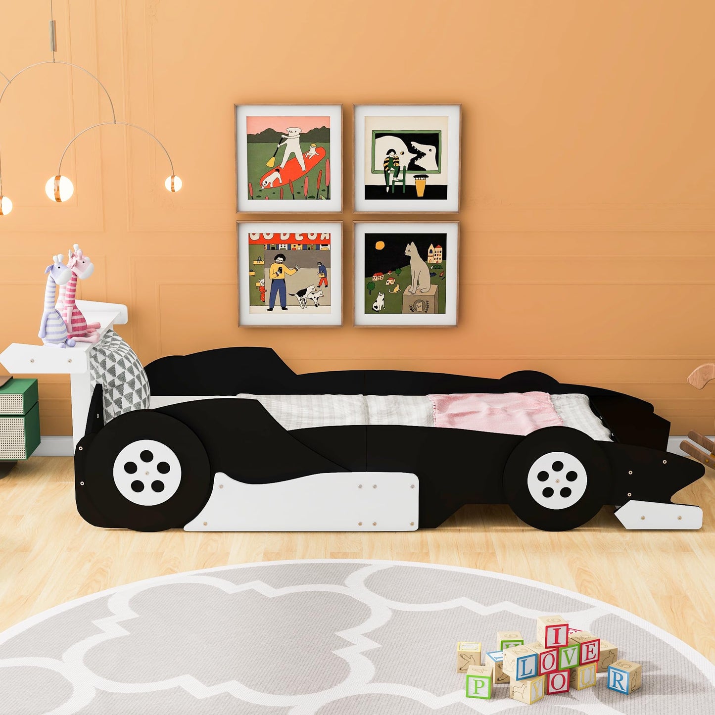 Merax Race Car Bed Frame Twin Size for Boys, Wood Car-Shaped Platform Bed with Wheels, Black