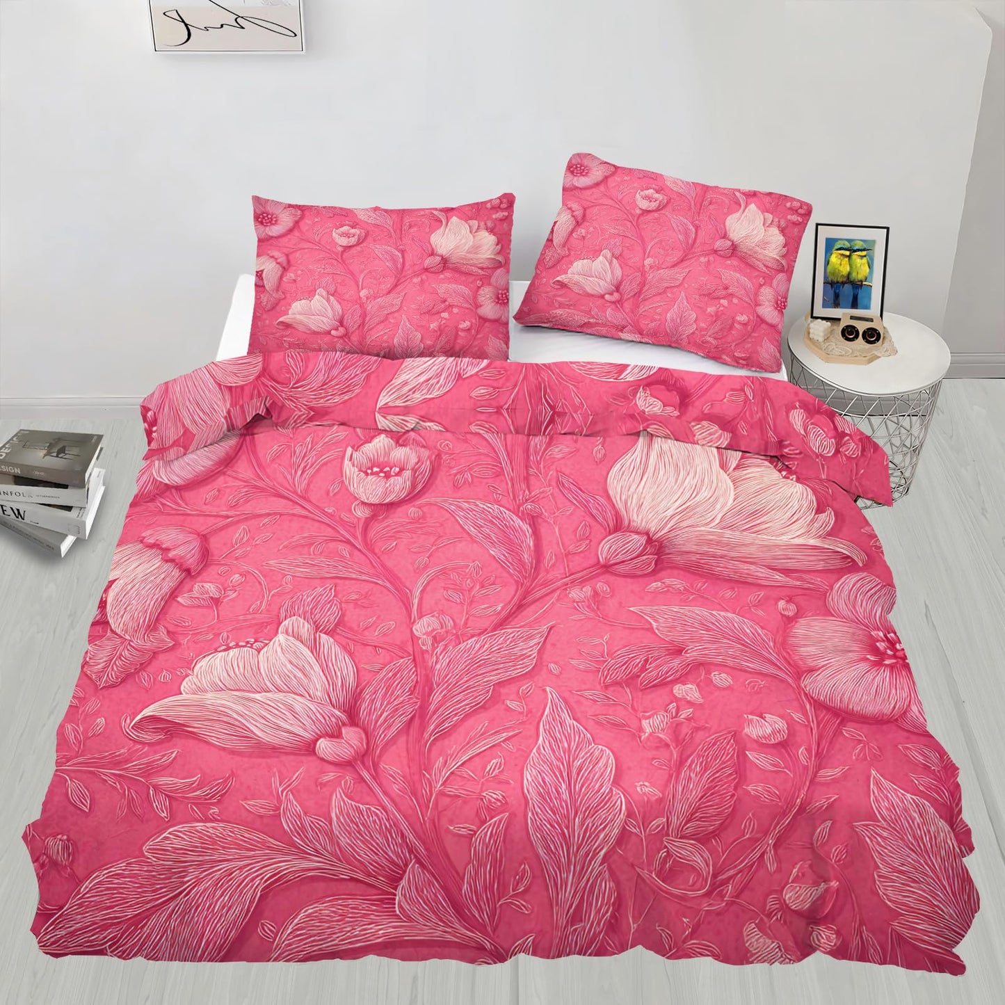 ZAMODE Floral Duvet Cover 120" x 98", Pink Flower Bedding Set, Pink Comforter Cover with Zipper Ties