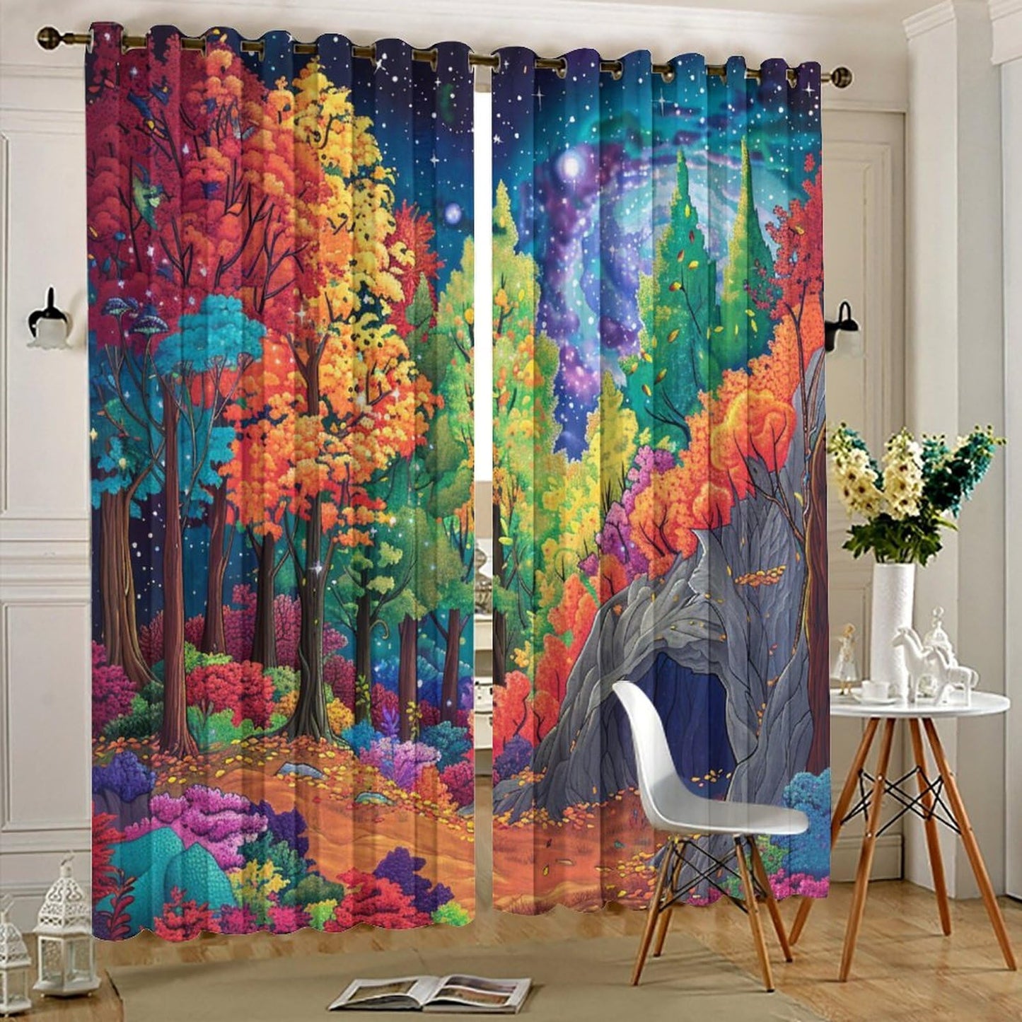 TOWINSFB Autumn Maple Leaves Blackout Curtains, Tree Leaf Forest Star Moon Grommet Thermal Insulated Curtains Window Drapes for Bedroom Living Room, 2 Panels, Each 21W x 63L