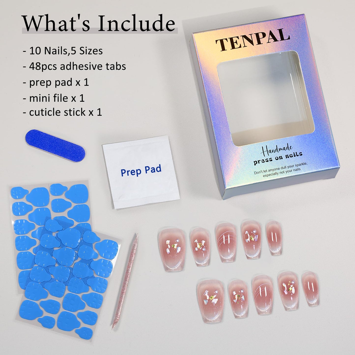 TENPAL 10Pcs Handmade Press on Nails with Kit | Pearl Blush Cat Eye Coffin Nails | Gold Leaf & Mother-of-Pearl Gradient Fake Nails Press ons | K-Beauty Sweet Detachable Pink Glue on Nails Set(XS)