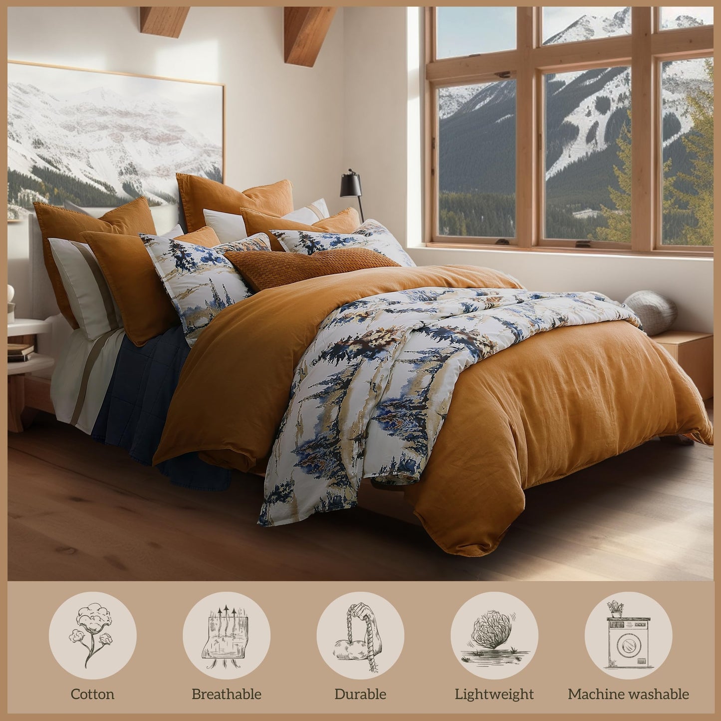 Paseo Road Cabin Bedding Acadia 3 Piece Lodge Duvet Cover Set with Pillow Shams, Queen Forest Bedding, Cotton Pine Trees Comforter Cover Set, Woodland Nature Rustic Bed Set