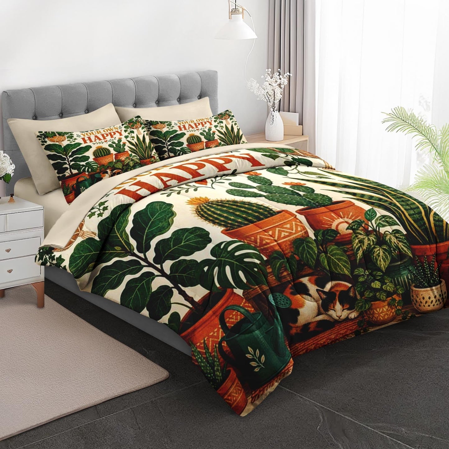 Boewywh Comforter Set Twin Size Plant Cat Retro 7 Pcs, Bedding for Kids and Adults, Bed Sheet Sets with Fitted Sheet 2 Pillowcases & 2 Shams for Bedroom Bed Decor