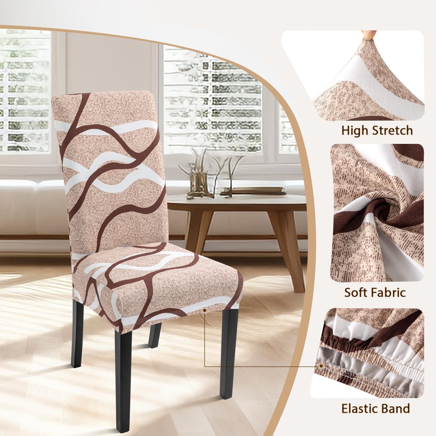 SearchI Dining Room Chair Covers Set of 4, Stretch Printed Parsons Chair Slipcovers Super Fit Spandex Removable Washable Kitchen Chair Protector Cover for Dining Room, Hotel, Ceremony (Khaki)