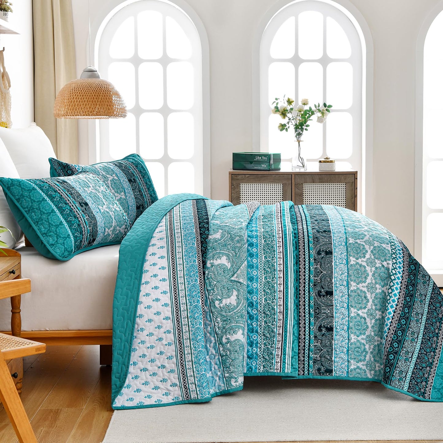 WONGS BEDDING Boho Quilt Set King Size, Teal 3 Pieces Bohemian Striped Patchwork Bedspread Coverlet, Lightweight Soft Microfiber Bedding Set for All Season (104"x90")