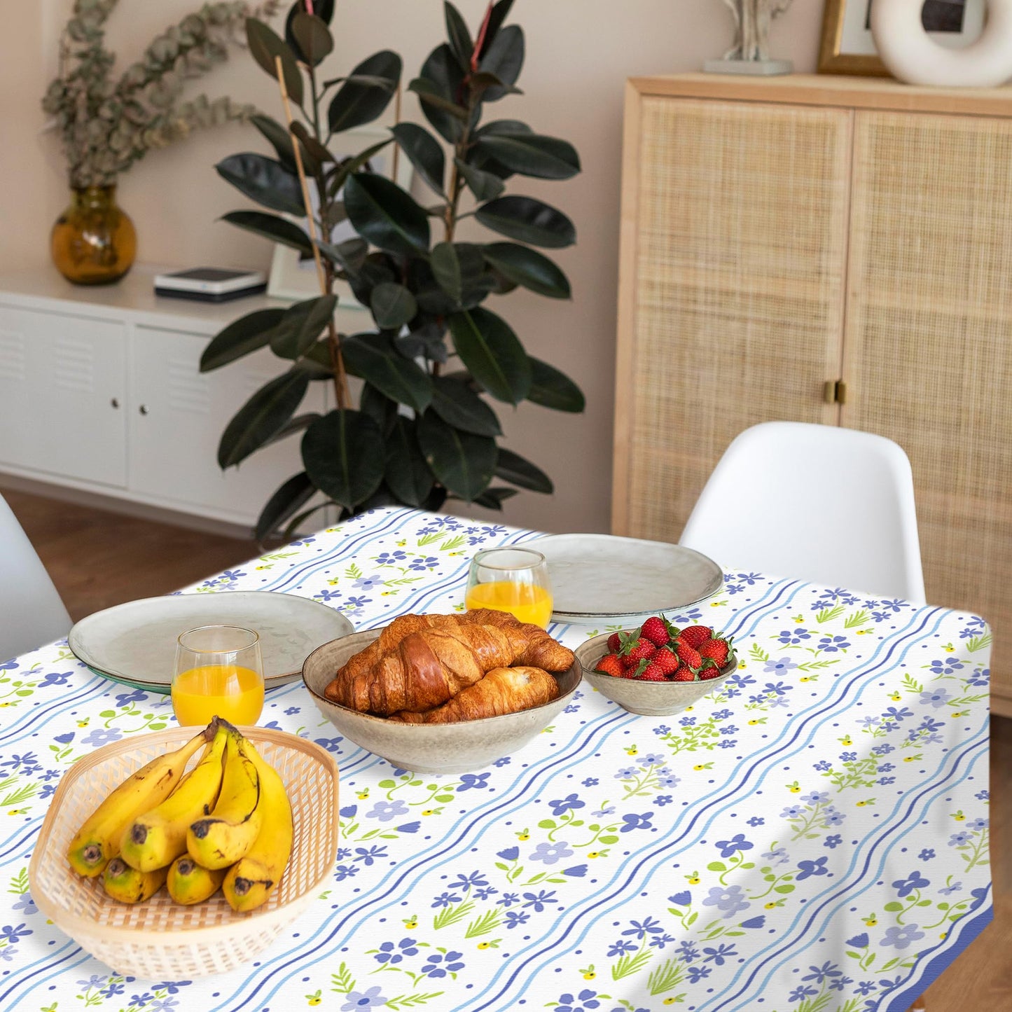 CC HOME 1Pc Blue Flowers Party Plastic Tablecloth 54 x 87 Inch Long Table Cover, Fresh Wildflowers Party Tablecover for Floral Theme Kids Baby Shower Birthday Dinner Picnic Kitchen Event