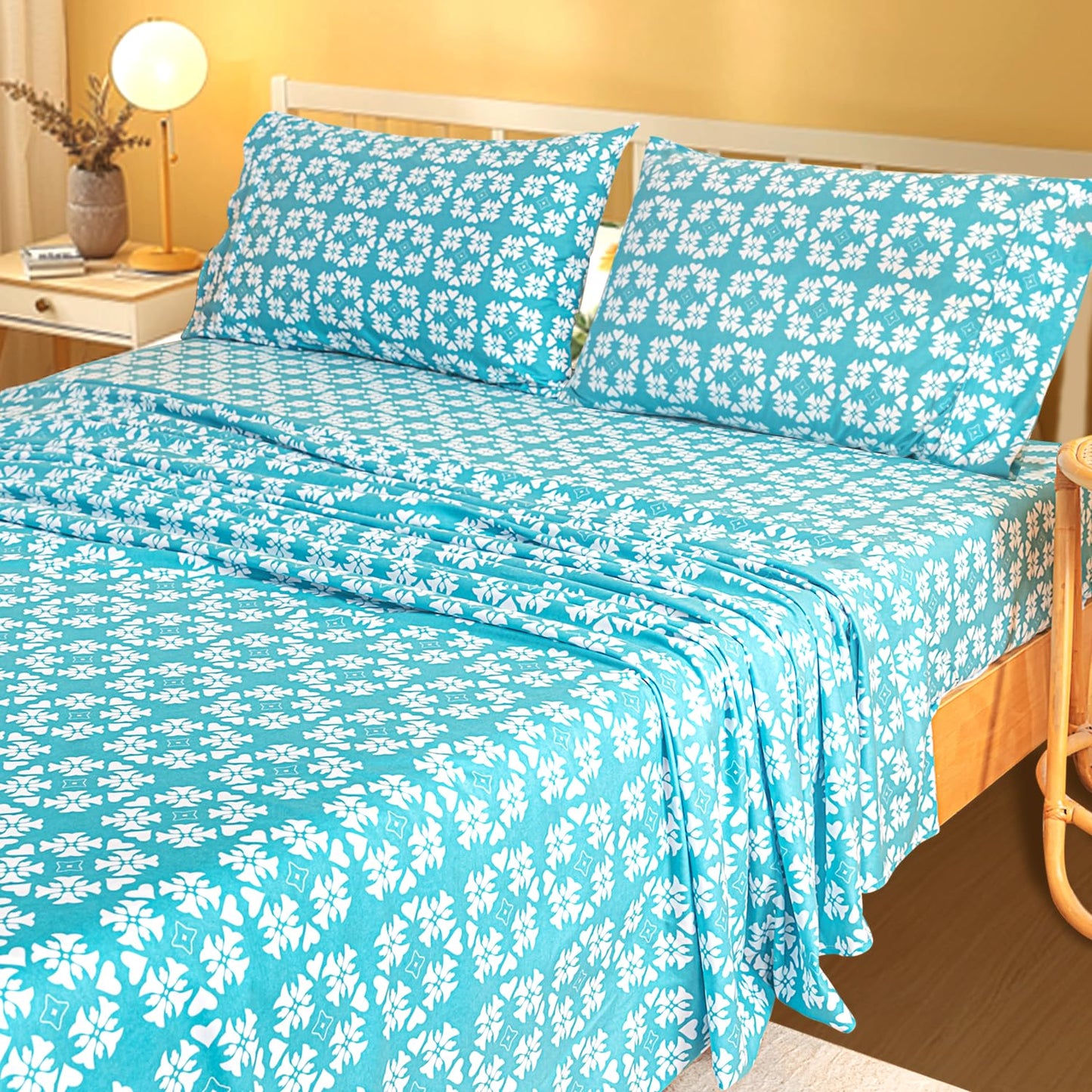Marquess Printed Flannel Sheets Queen Size, Microfiber Brushed Flannel Bed Linen Set Deep Pocket Ultra Soft & Durable, 4 Piece (Blue, Queen)