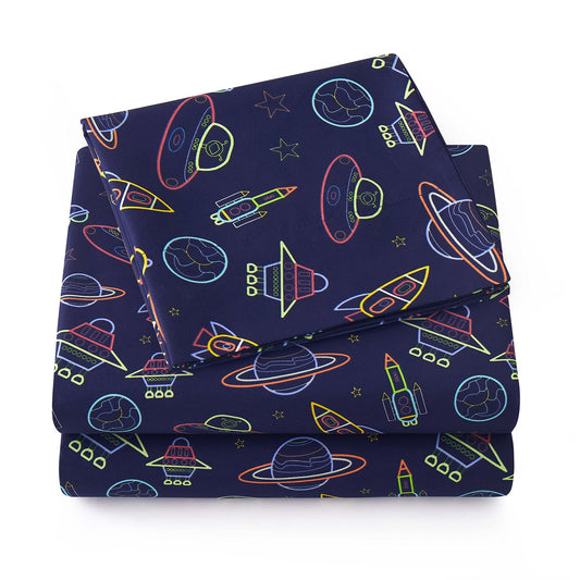 1500 Supreme Kids Bed Sheet Collection - Fun Colorful and Comfortable Boys and Girls Toddler Sheet Sets - Deep Pocket Wrinkle Free Soft and Cozy Bedding - Twin, Neon Spaceships