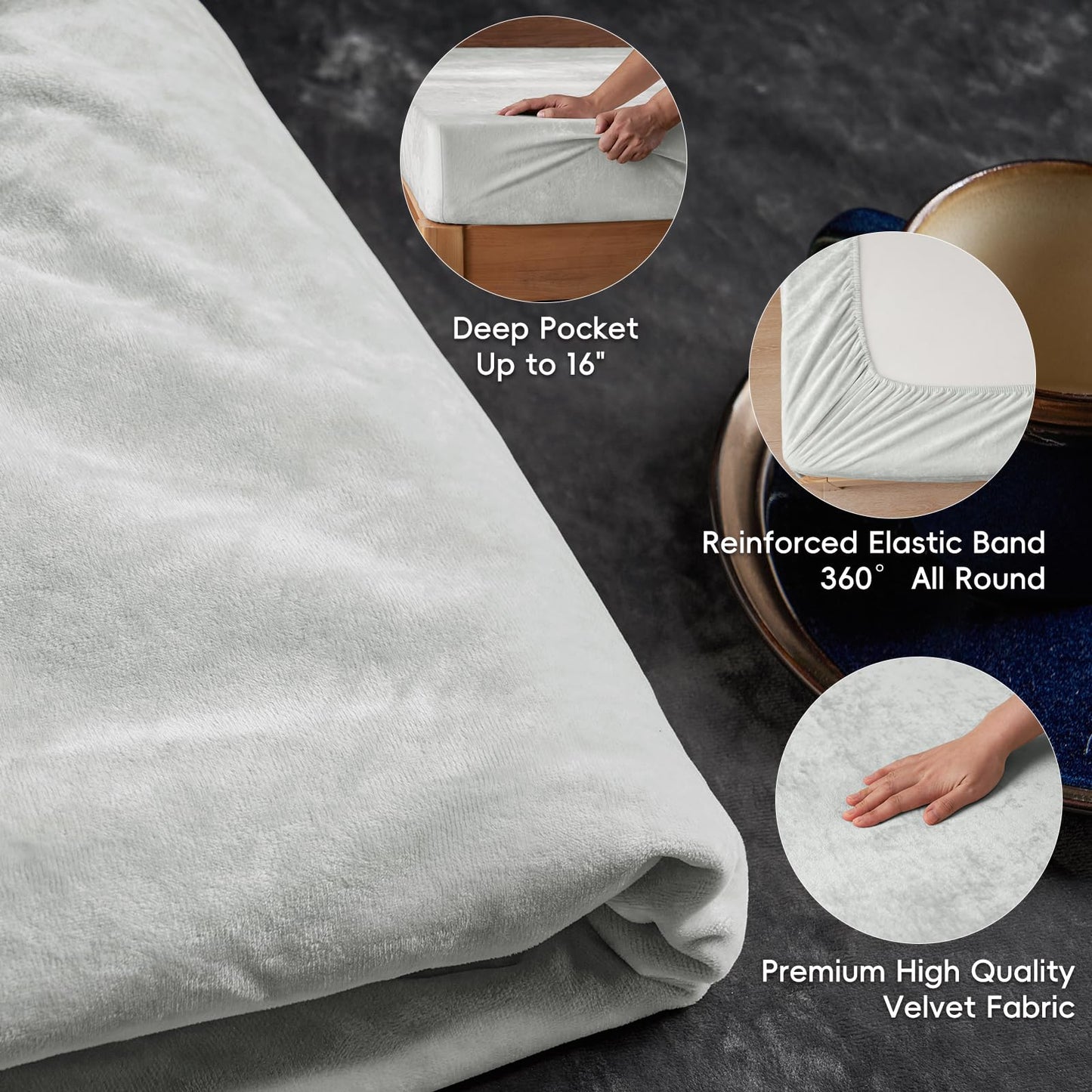 PHF Truly Velvet Fitted Sheet Only Full Size, Luxury Super Soft Cozy Fuzzy Fleece Bottom Sheet, Deep Pocket Up to 16",Strenghth Elastic Band, Suitable for Fall Winter Spring,No Pillowcases,Silver Grey