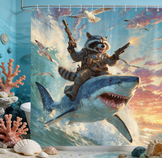 Sokdcam Funny Raccoon Riding Shark Shower Curtain, Fun Cool Animal Ocean Nautical Bathroom Curtains Set, Waterproof Fabric Bath Curtains Decor 72 X 72 Inch