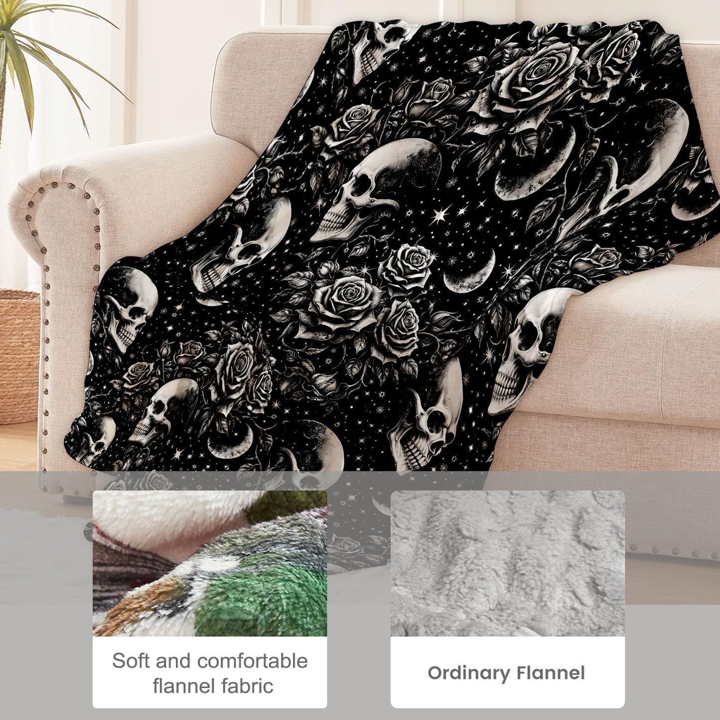 cromcu Skull Throw Blanket Warm Lightweight, Moon Rose Gothic Flannel Blankets Gifts for Women Men Goth Lovers, Home Decor Throws for Couch Sofa Camping Office Travel, Black 60"X50"