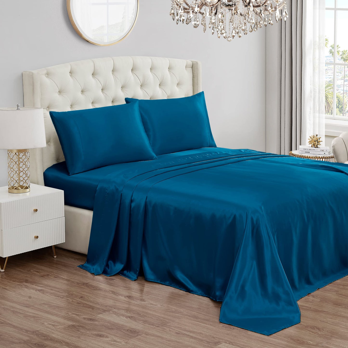 Juicy Couture Full Size Satin Bed Sheet Set, Deep Pocket Full Sheet Set with 1 Fitted Sheet, 1 Flat Sheet and 2 Pillow Case, Wrinkle Resistant and Anti Pilling Bed Sheets - Royal Blue