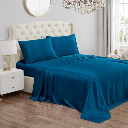 Juicy Couture Full Size Satin Bed Sheet Set, Deep Pocket Full Sheet Set with 1 Fitted Sheet, 1 Flat Sheet and 2 Pillow Case, Wrinkle Resistant and Anti Pilling Bed Sheets - Royal Blue
