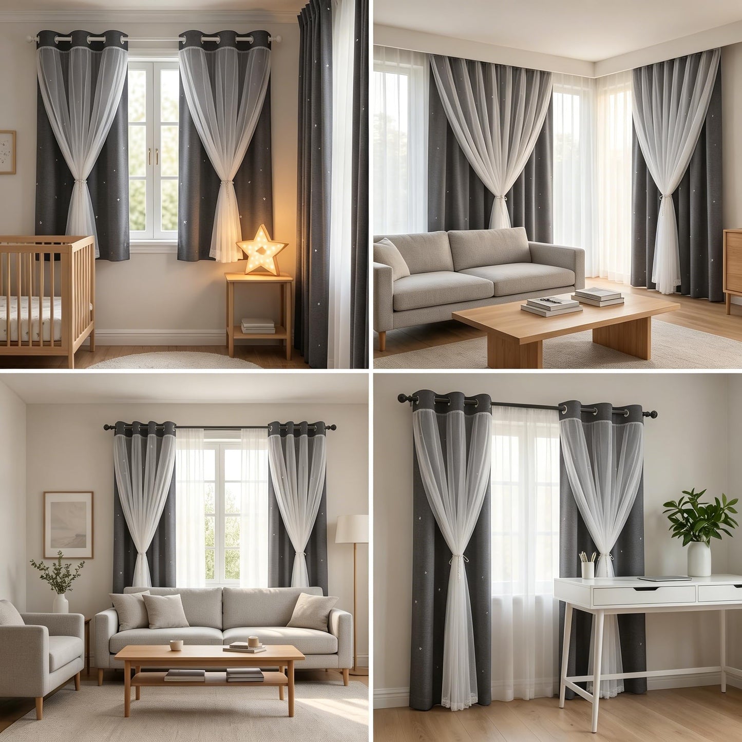 Kinryb Grey Star Cut-Out Blackout Curtains Kids Curtain Mix and Match Curtain for Nursery Grommet Top Small Curtains Thermal Insulated Drape for Bedroom 42" W x 45" L Grey 2 Panels 2 Tiebacks