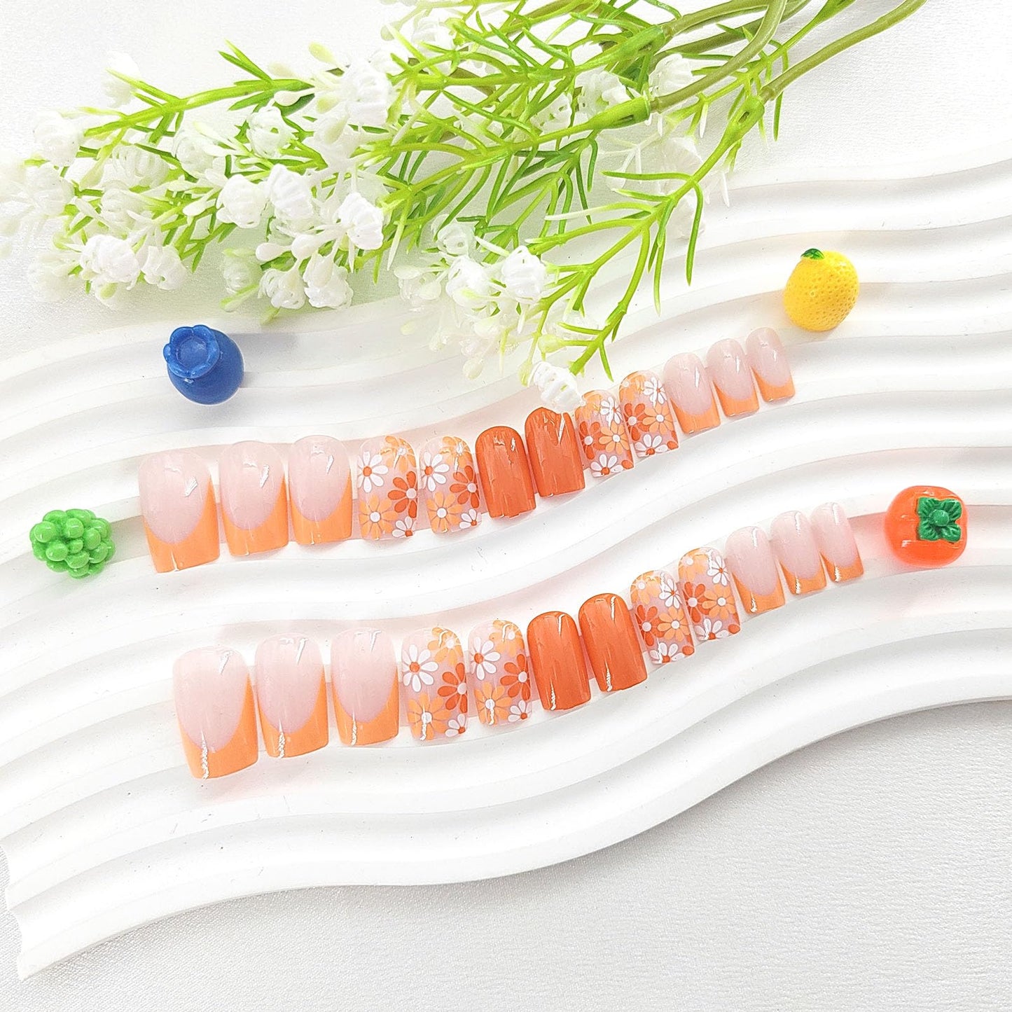 Medium Square Press on Nails Yellow French Tip Fake Nail with Flowers Design Orange Full Cover Glossy Acrylic Nails Press ons Spring Glue on Nail for Girls 24Pcs