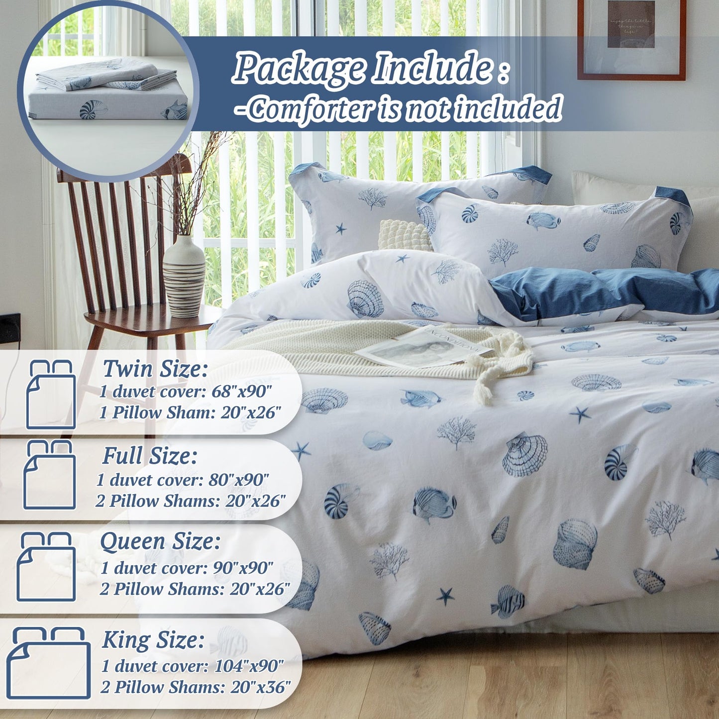 MILDLY Blue Seashell Pattern Duvet Cover Set Nautical Comforter Cover 3pcs