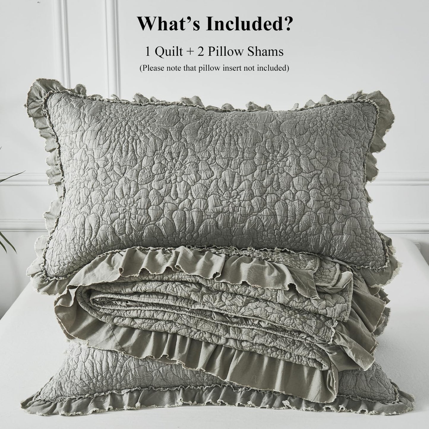WINLIFE Khaki Ruffled Quilt Set 3pcs Queen 90''x98'' - Stone Washed Microfiber Crinkled Bedspread for All Season Farmhouse Style Lightweight Shabby Chic Coverlet Set with Pillow Shams