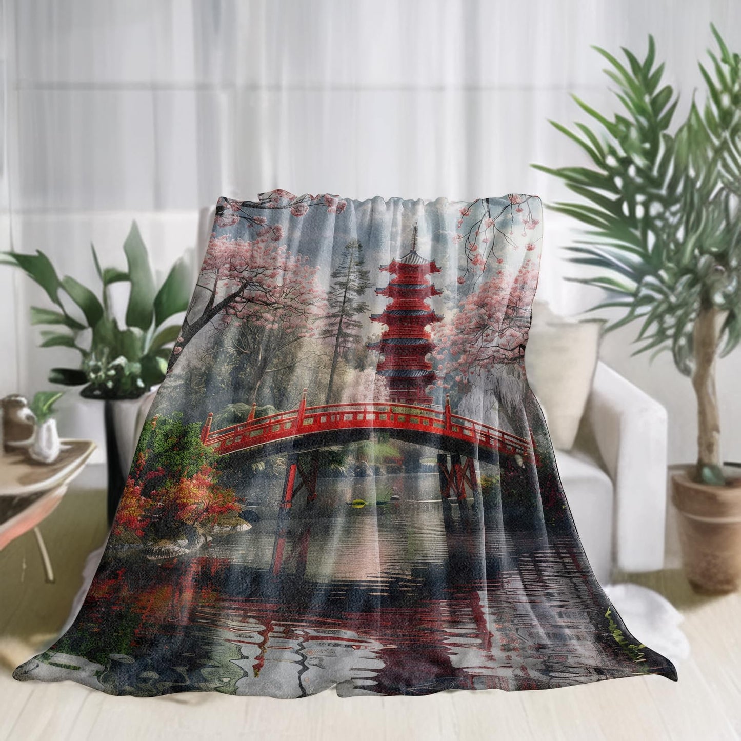 zbezbe Japanese Garden Cherry Blossom Flannel Blanket Red Bridge and Pagoda Throw Blankets Lightweight Soft for Party Chair Bed Sofa Camping Travel,Home Decor,Gifts Women,50x60in