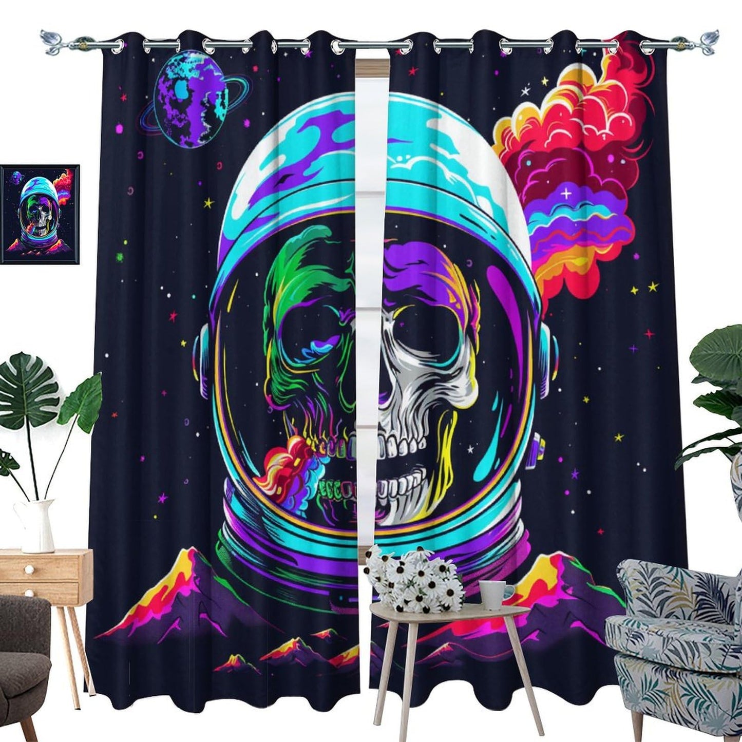 HDESDIS Abstract Gothic Skeleton Curtains for Bedroom, Skull Space Star Astronaut Grommet Blackout Curtains Thermal Insulated Window Drapes for Living Room, 21W x 45L, 2 Panels