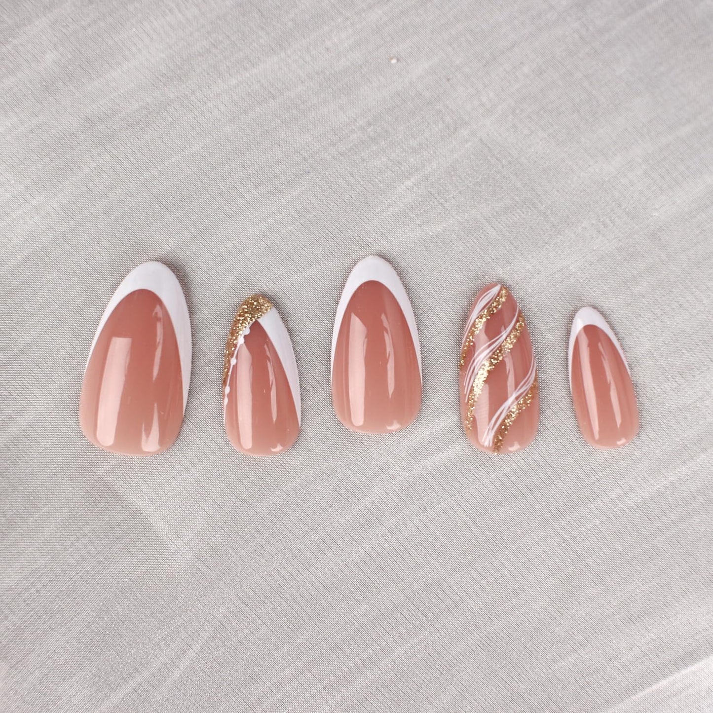 Stbisen French Press On Nails Almond Medium, Nude Fake Nails with White French Tip and Minimalist Gold Line Design, 32Pcs Glossy Acrylic Nails, Natural Reusable Glue On Nails for Women, Luxe Line