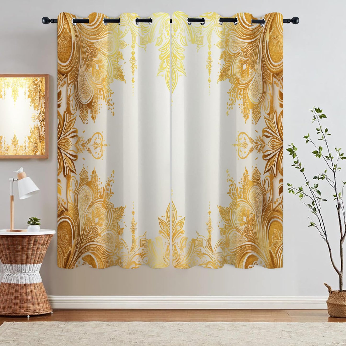 Golden Elegant Flowers Blackout Curtains, Warm Bright Texture 3D Printed Noise Reducing Drapes, 2 Panel Top Grommet Drapes for Bedroom Bathroom Living Room Kids Room(84" W x 84 "L)