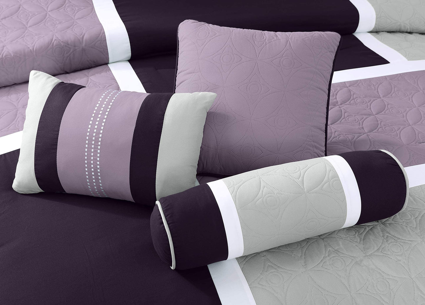 Chezmoi Collection Upland 7-Piece Quilted Patchwork Comforter Set, Lavender/Gray/Purple, King